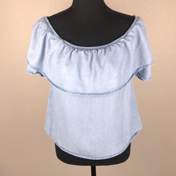 MNG Mango Blouse Off-the-shoulder Chambray Tiered Ruffle Short Sleeve Jean  XS - Picture 5 of 14